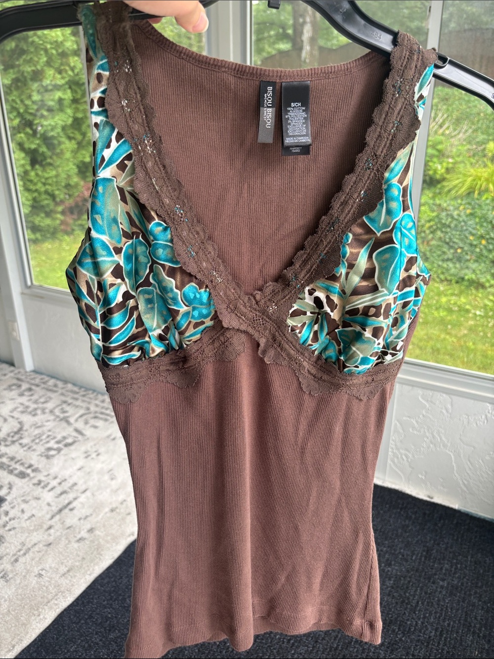 Bisou Bisou Brown Tank Top with Teal Floral Cups